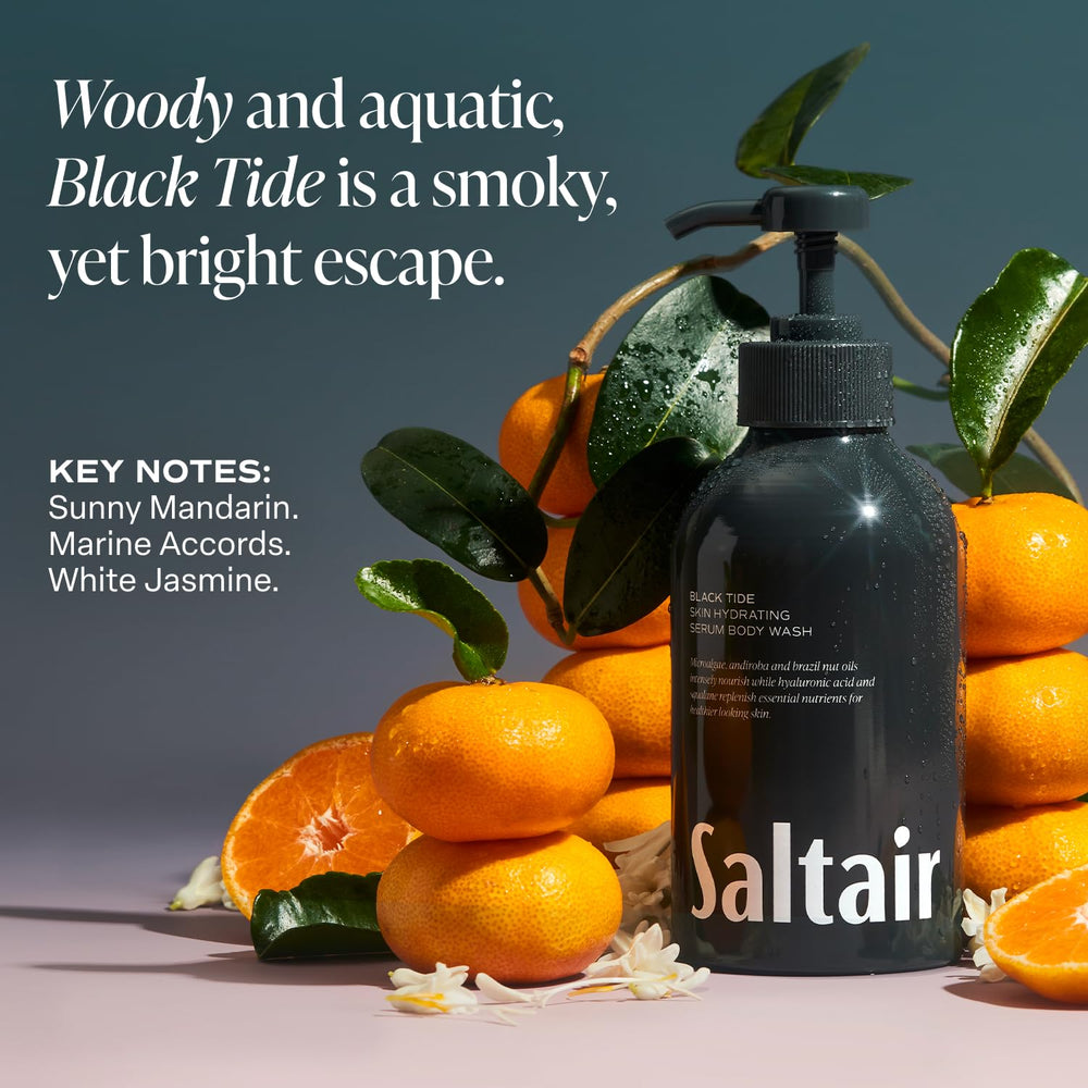 Saltair body wash in a shower scene suggests unisex coastal aroma