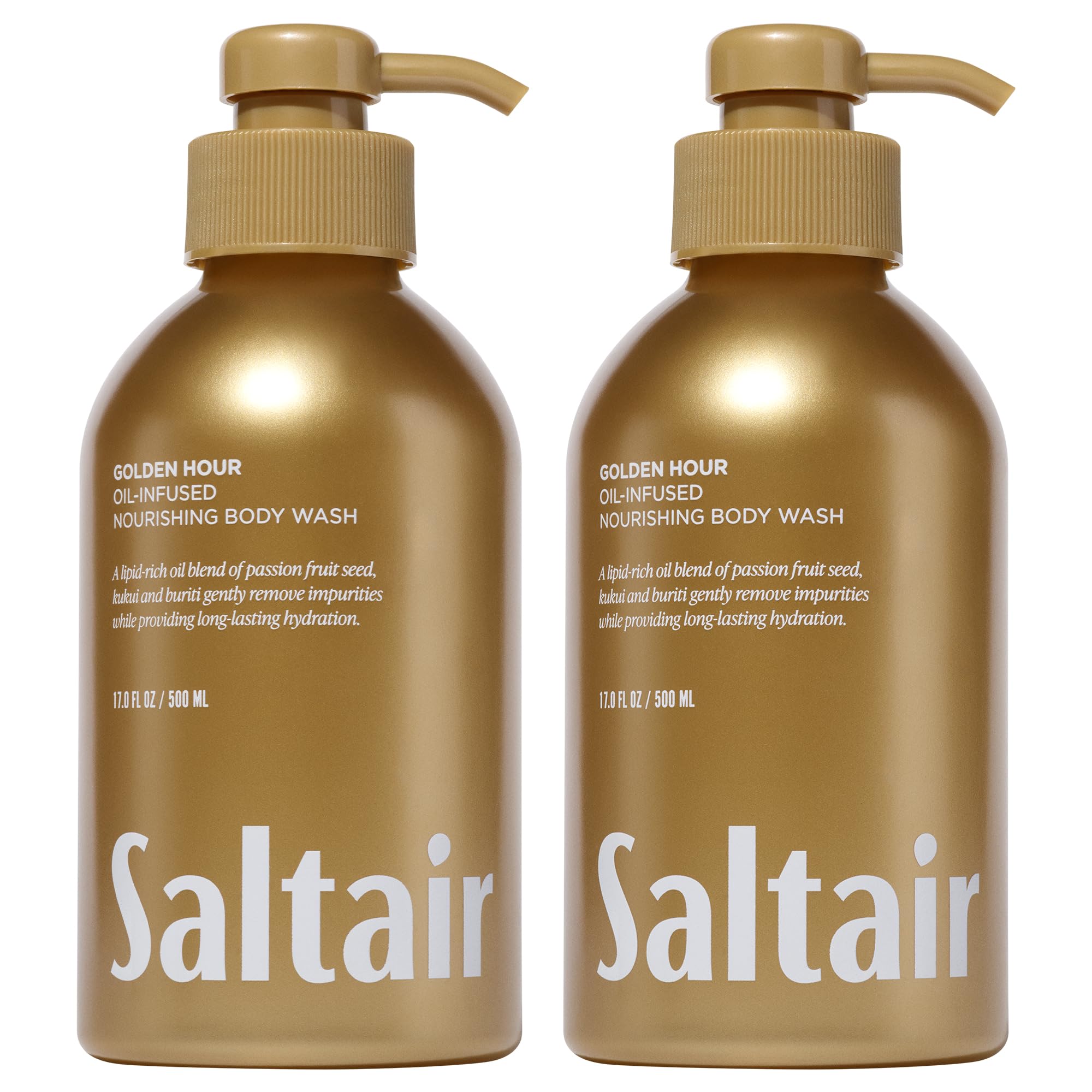 Saltair Golden Hour bottle pouring with rich lather for a refreshing shower