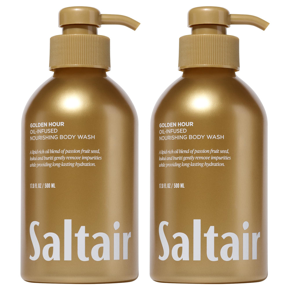 Saltair Golden Hour bottle pouring with rich lather for a refreshing shower