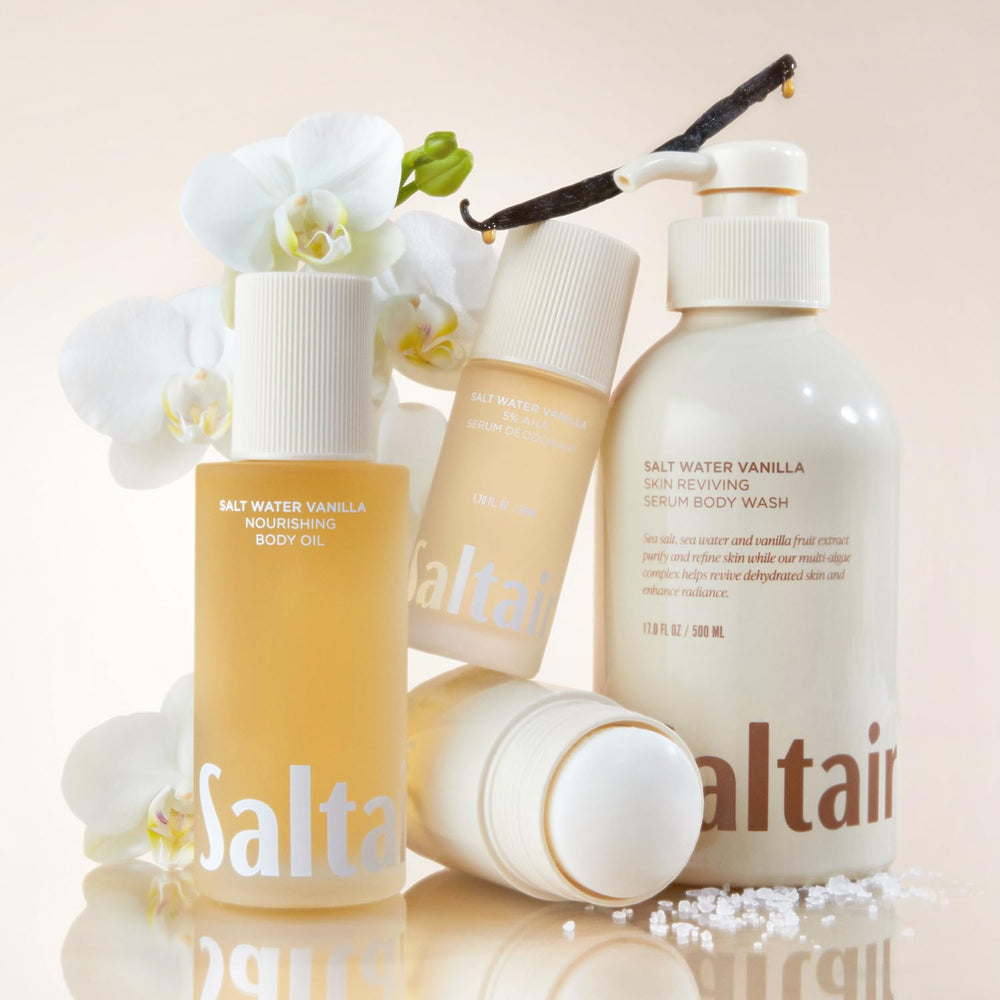 Saltair ingredients collage features kukui, moringa, and squalane.