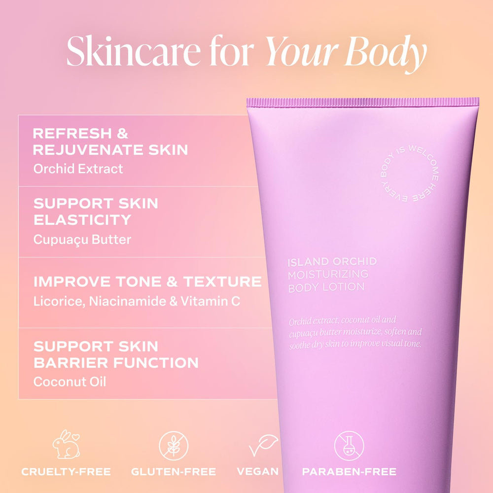Saltair Island Orchid Lotion label reveals orchid extract and niacinamide for smoother skin.