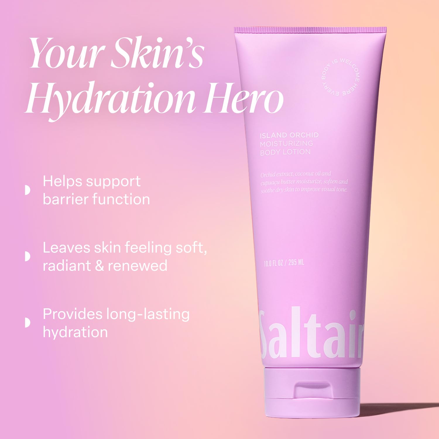 Saltair Island Orchid Lotion texture closeup highlights creamy, fast-absorbing formula.