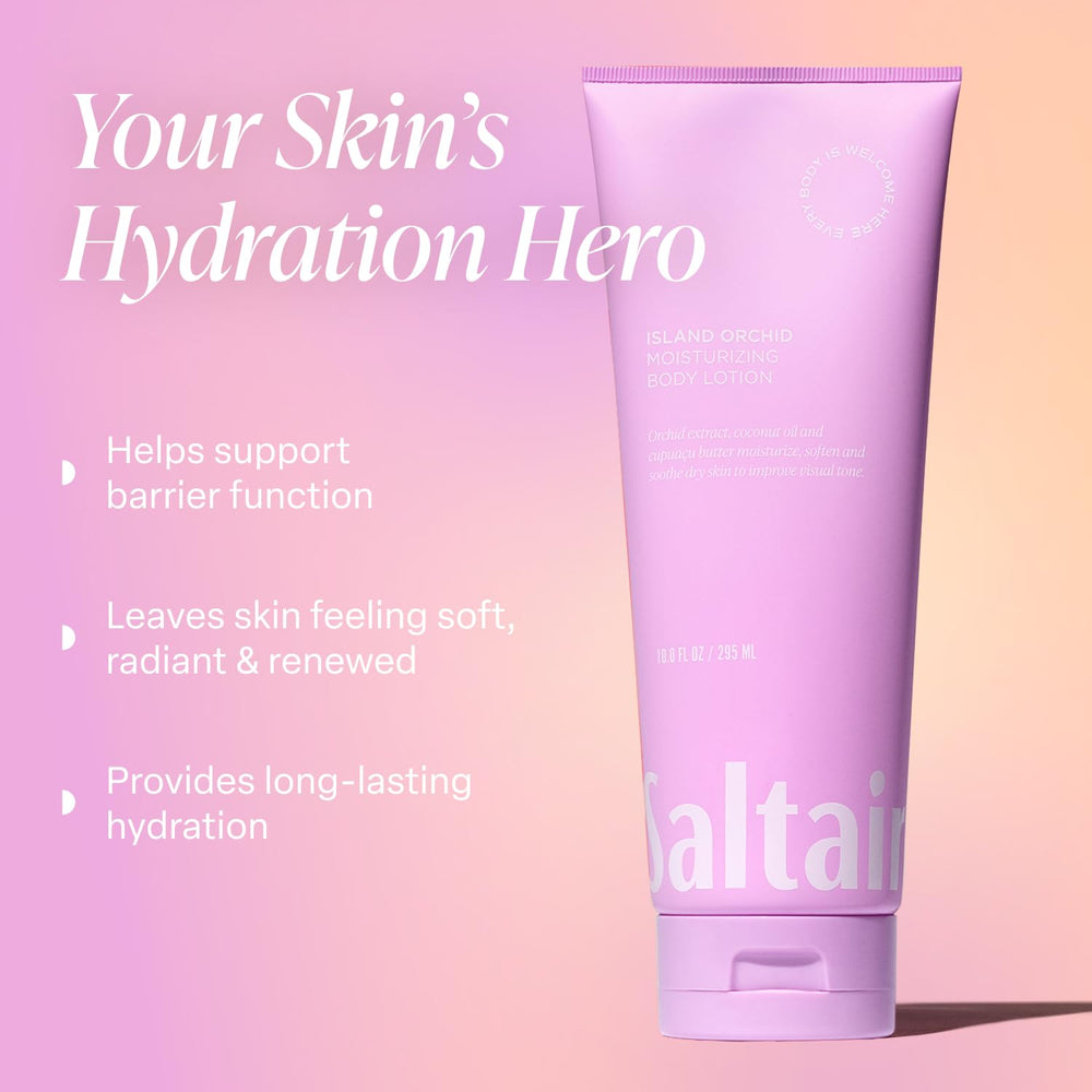 Saltair Island Orchid Lotion texture closeup highlights creamy, fast-absorbing formula.