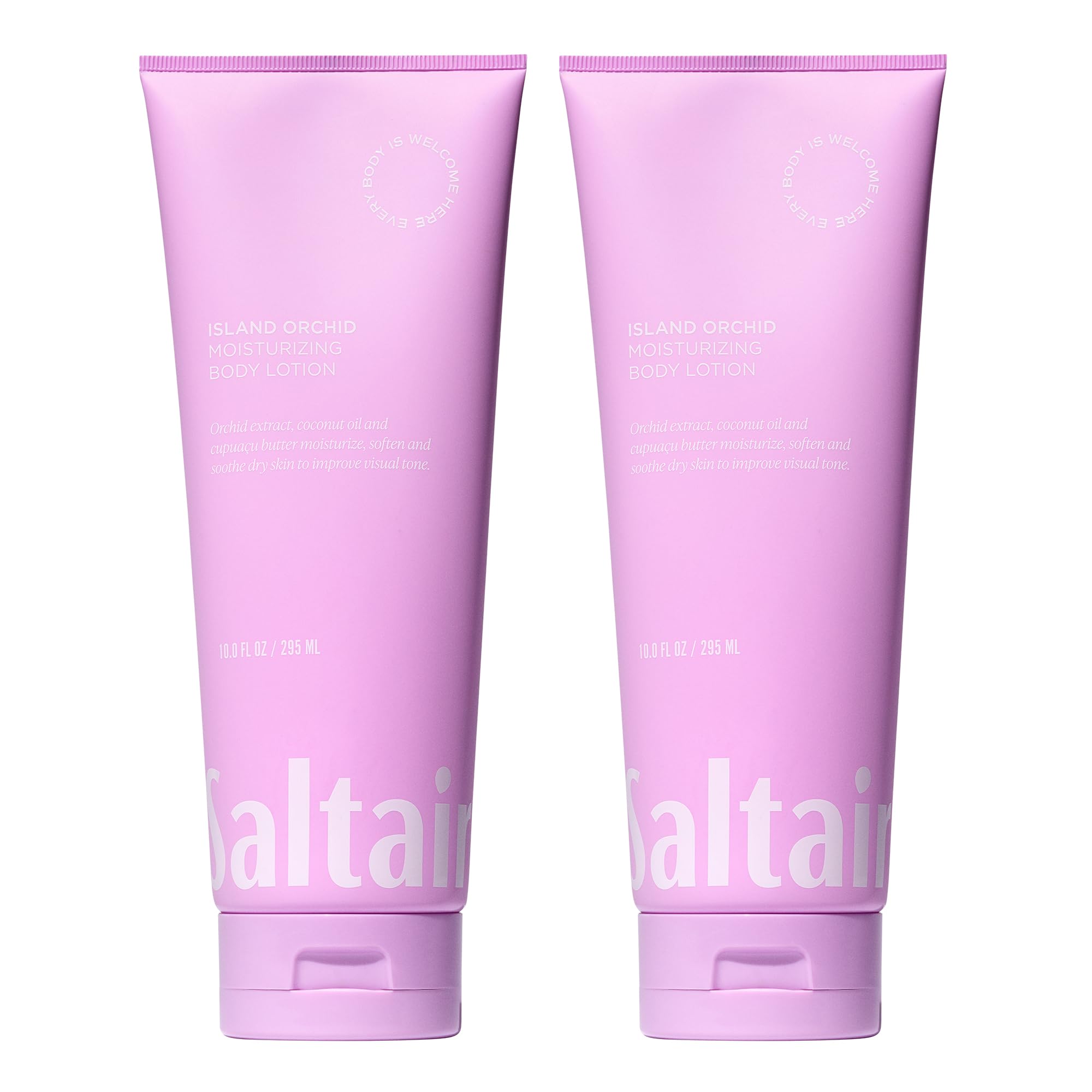 Saltair Island Orchid Lotion tub front shows hydrating body cream for daily dry skin relief.
