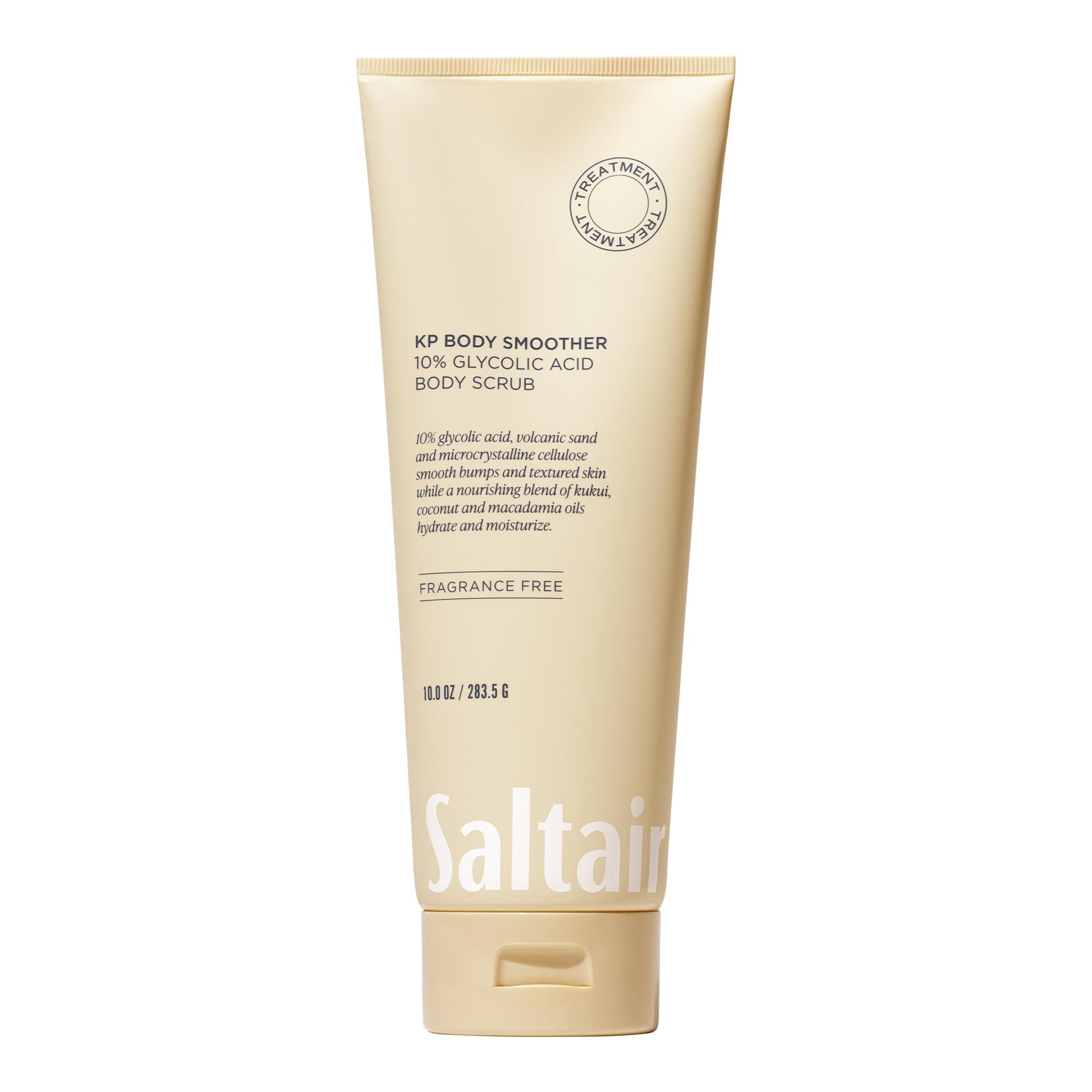 Saltair KP Body Scrub packaging highlights fragrance-free exfoliation for KP-prone skin.