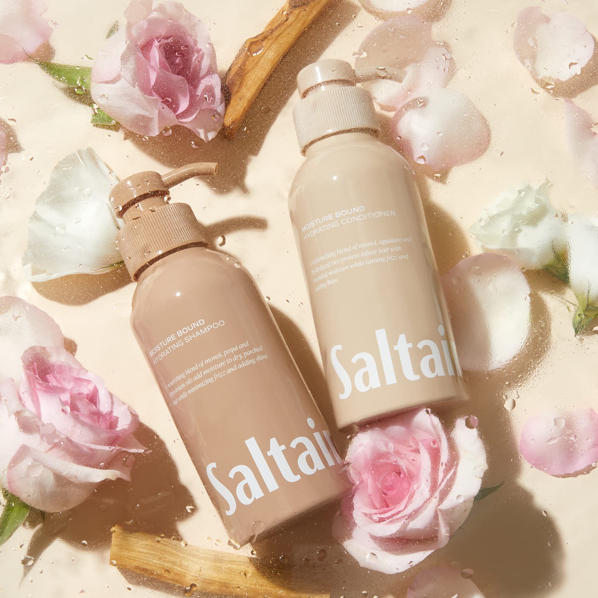 Saltair Moisture Bound rinse water droplets imagery indicating refreshing clean and lasting hydration