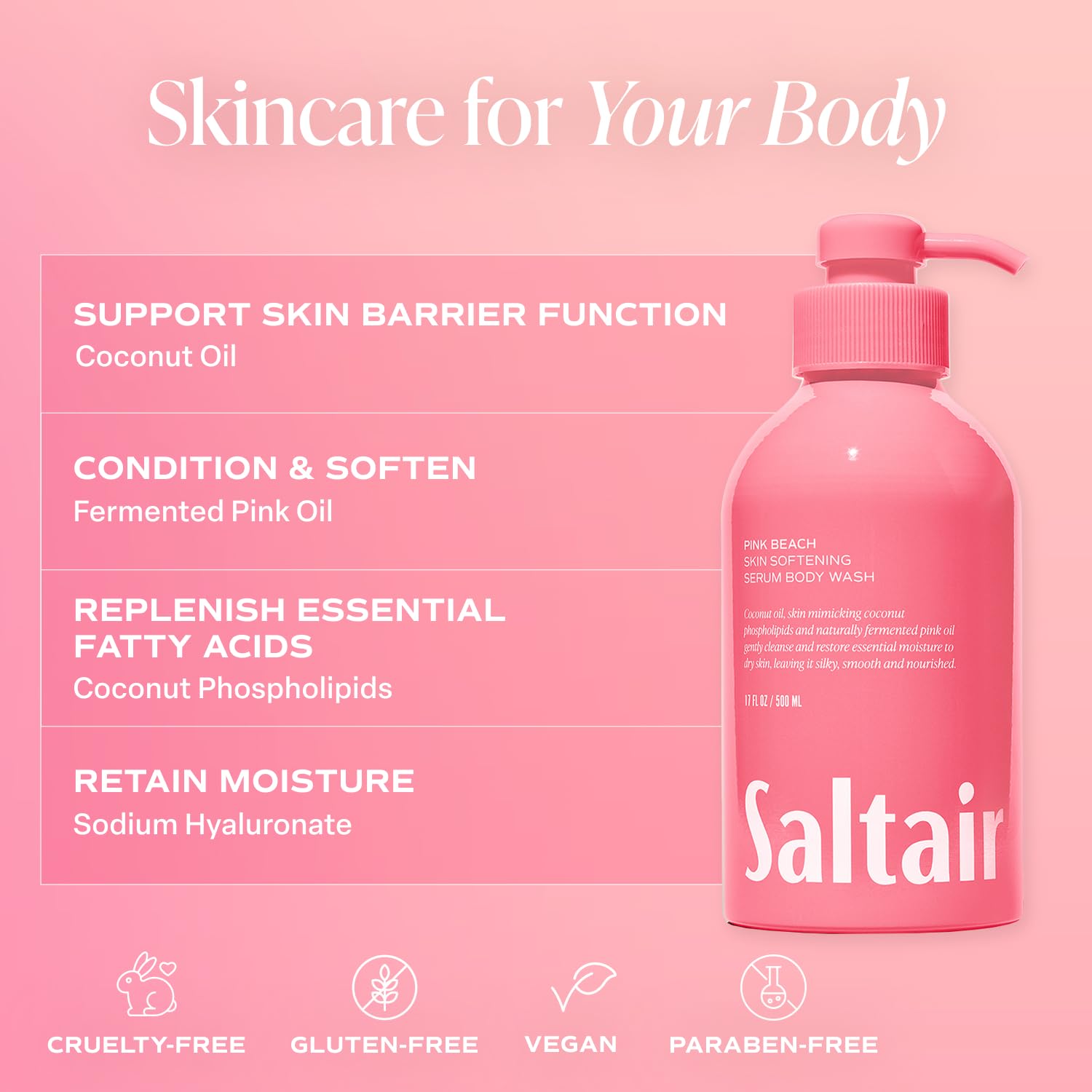 Saltair Monoi oil and Cupuacu Butter hydrate skin and support elasticity.