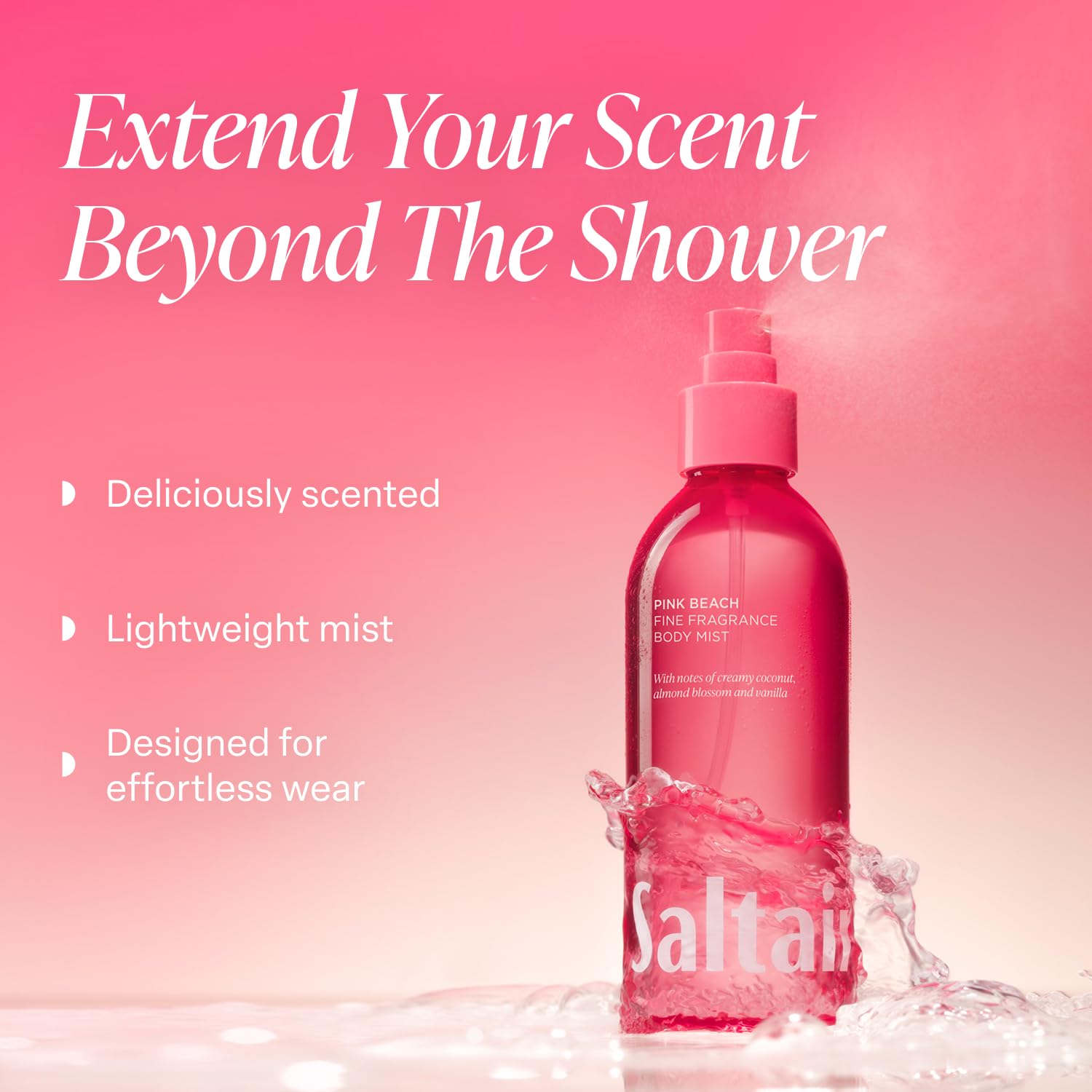 Saltair Pink Beach mist spray in action for quick-dry fragrance refresh.
