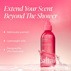 Saltair Pink Beach mist spray in action for quick-dry fragrance refresh.