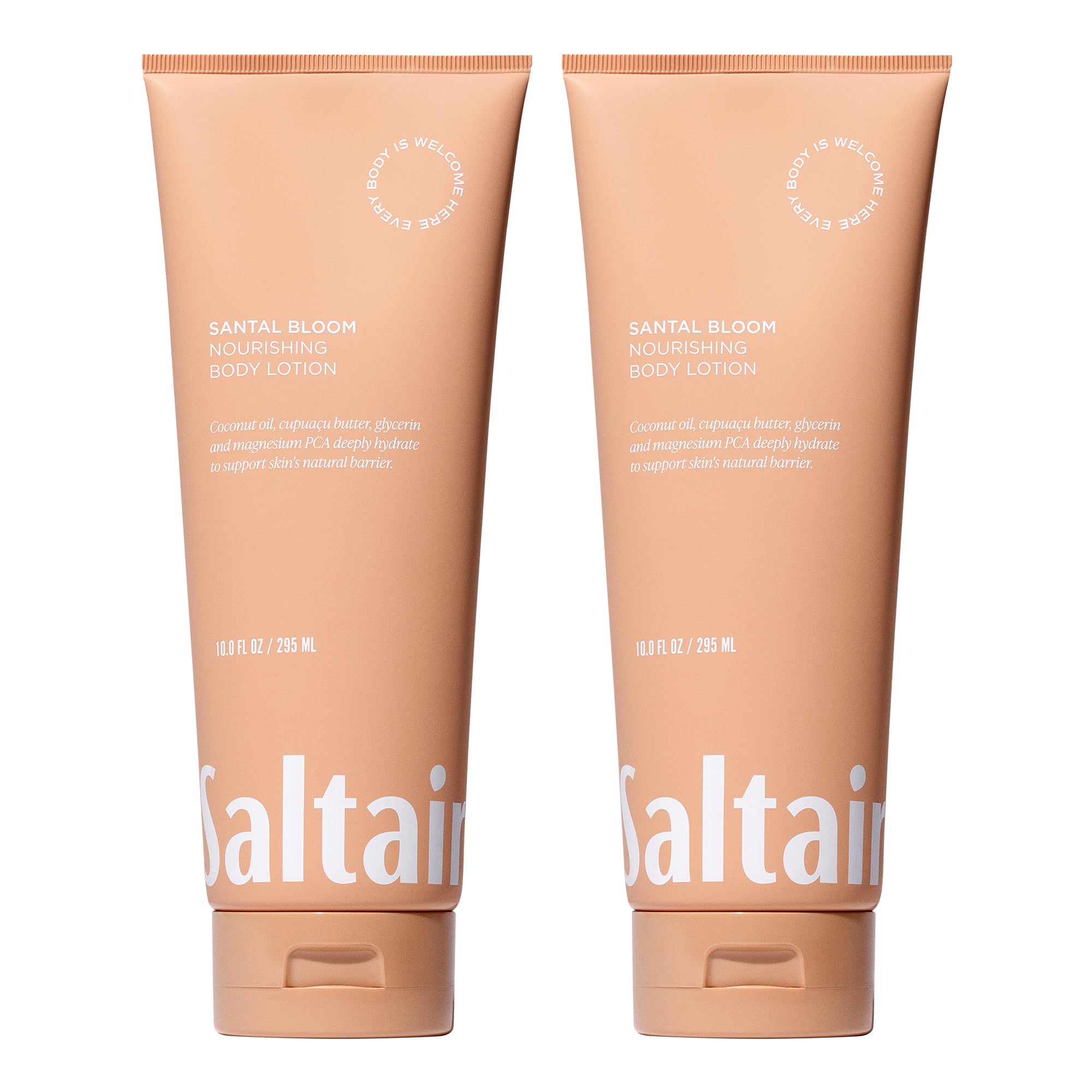 Saltair Santal Bloom tube 10oz front shows hydrated skin potential with the creamy lotion