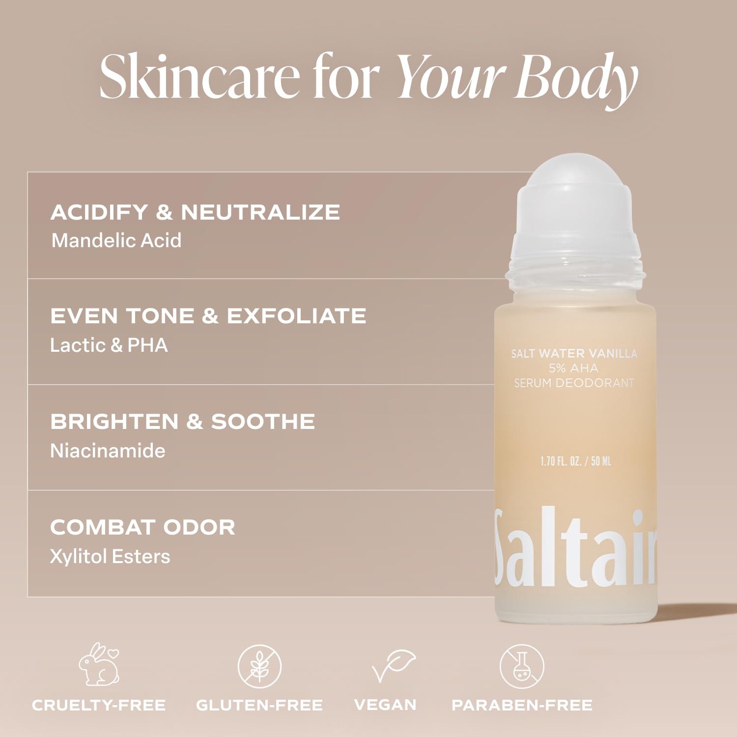 Saltair serum deodorant acid-ingredients closeup showcases Mandelic and Lactic acids.