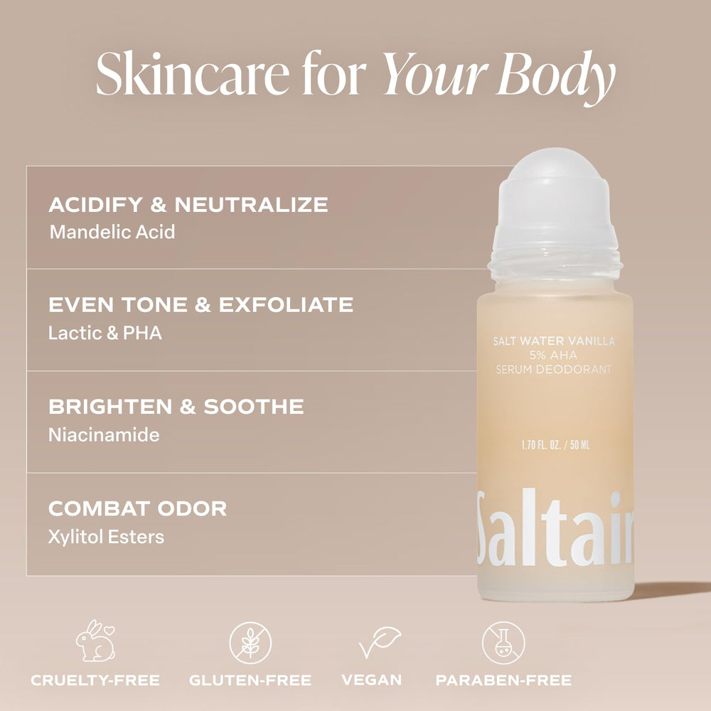 Saltair serum deodorant acid-ingredients closeup showcases Mandelic and Lactic acids.