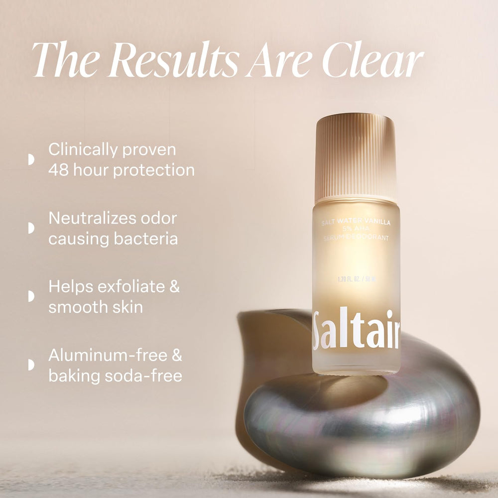 Saltair Serum Deodorant roll-on application shows quick-dry formula for no-stain wear.