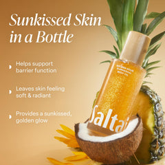 Saltair Shimmering Body Oil glow-application on damp skin for a silky finish.
