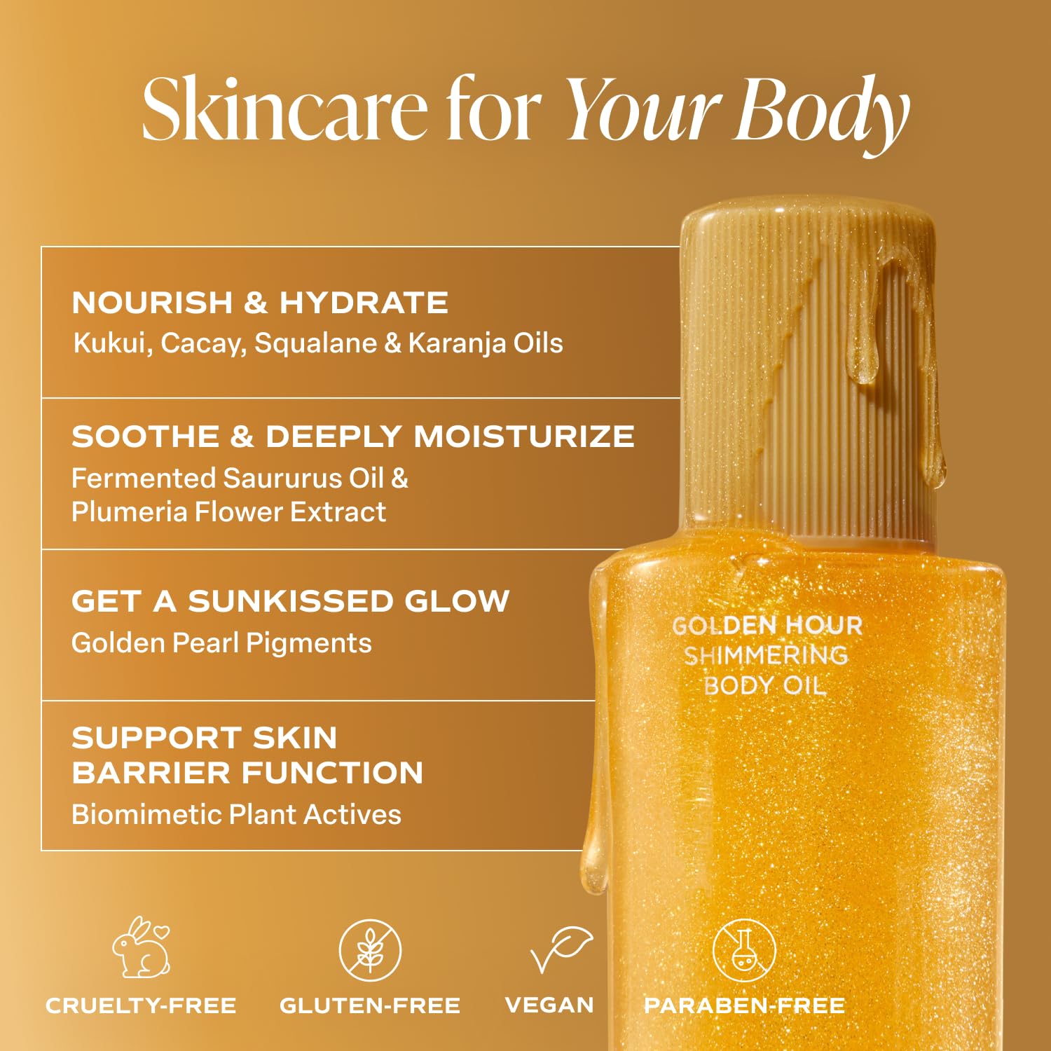 Saltair Shimmering Body Oil highlights with light-reflecting pearl pigments for sun-kissed glow.