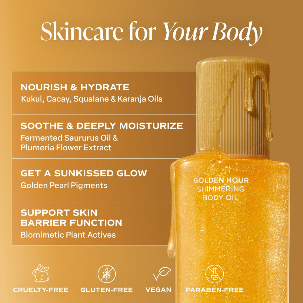 Saltair Shimmering Body Oil highlights with light-reflecting pearl pigments for sun-kissed glow.