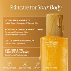 Saltair Shimmering Body Oil highlights with light-reflecting pearl pigments for sun-kissed glow.