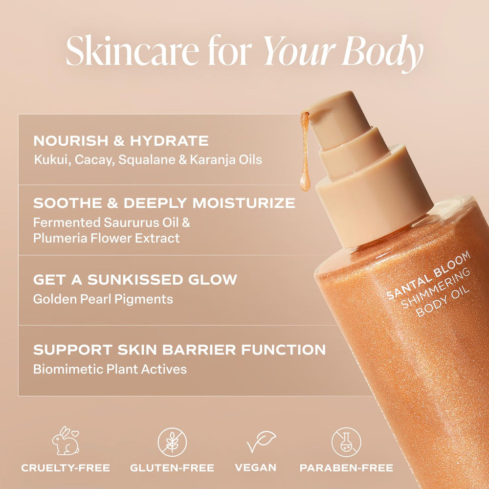 Saltair Shimmering Oil pearlescent particles visible on sunlit skin for glow.