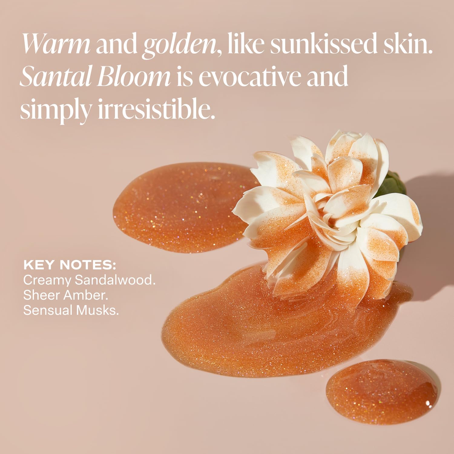 Saltair Shimmering Oil closeup highlights Santal Bloom fragrance notes of rose and sandalwood.