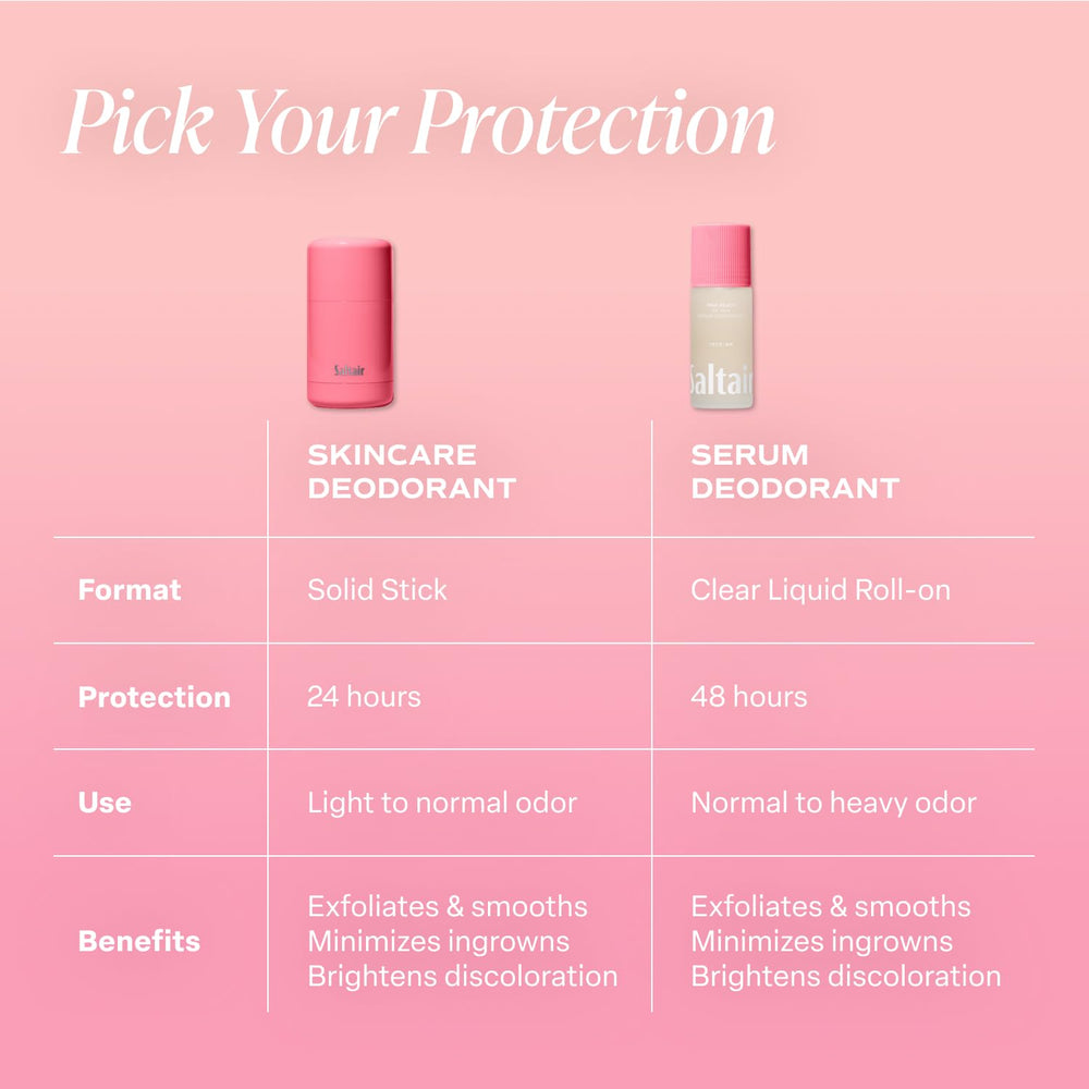 Saltair Skincare Deodorant pink-beach-fragrance bottle highlights coconut almond blossom vanilla scent for island-inspired freshness