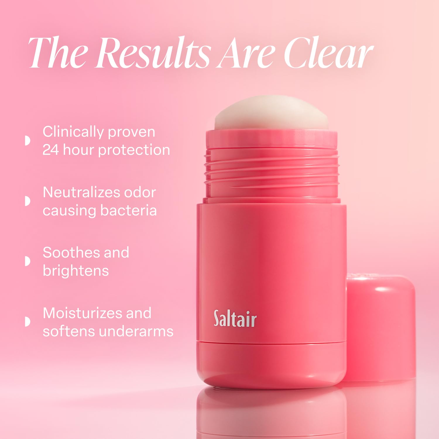 Saltair Skincare Deodorant pink-beach-stick close-up highlighting quick glide and residue-free application