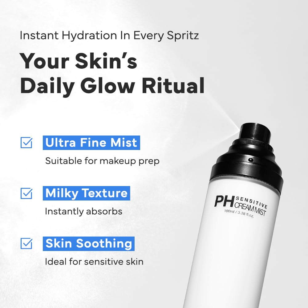 SAM'U PH Sensitive Cream Mist fine mist spray provides makeup-friendly refresh.