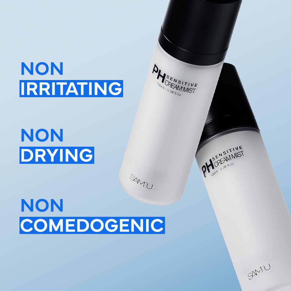 SAM'U PH Sensitive Cream Mist ingredient-closeup highlights centella and hyaluronic acid.