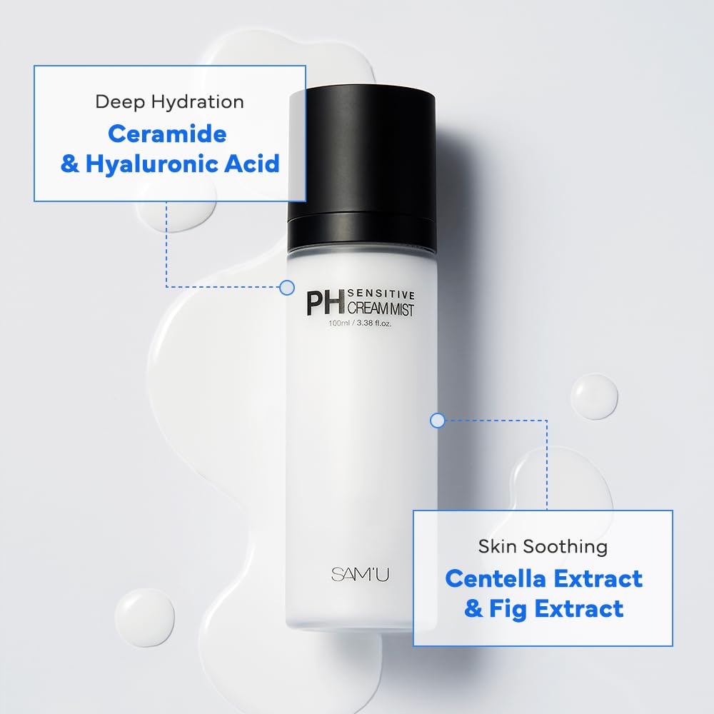 SAM'U PH Sensitive Cream Mist packaging closeup shows compact travel-friendly design.