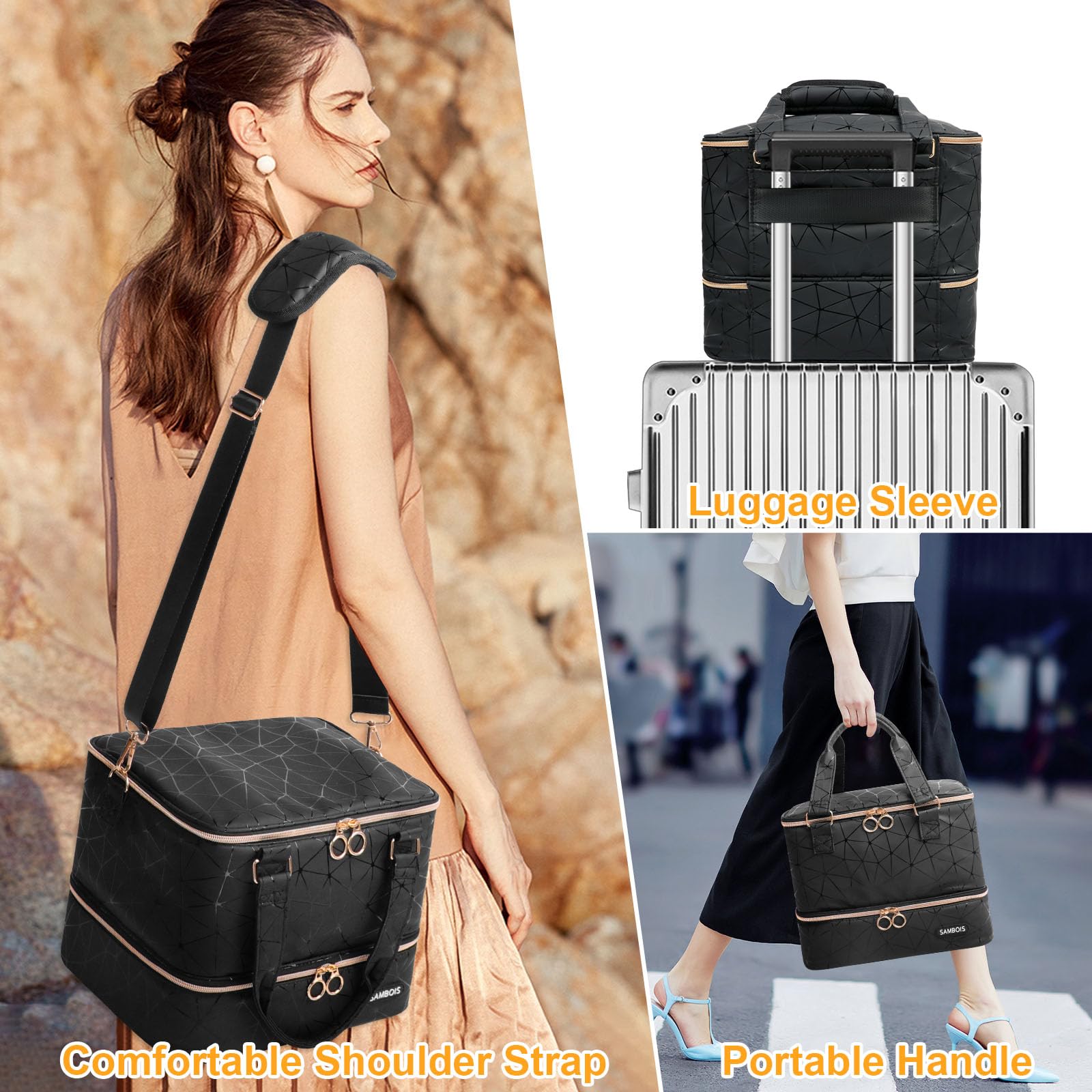 Sambois detachable shoulder strap adds comfortable carrying for mobile nail kits.
