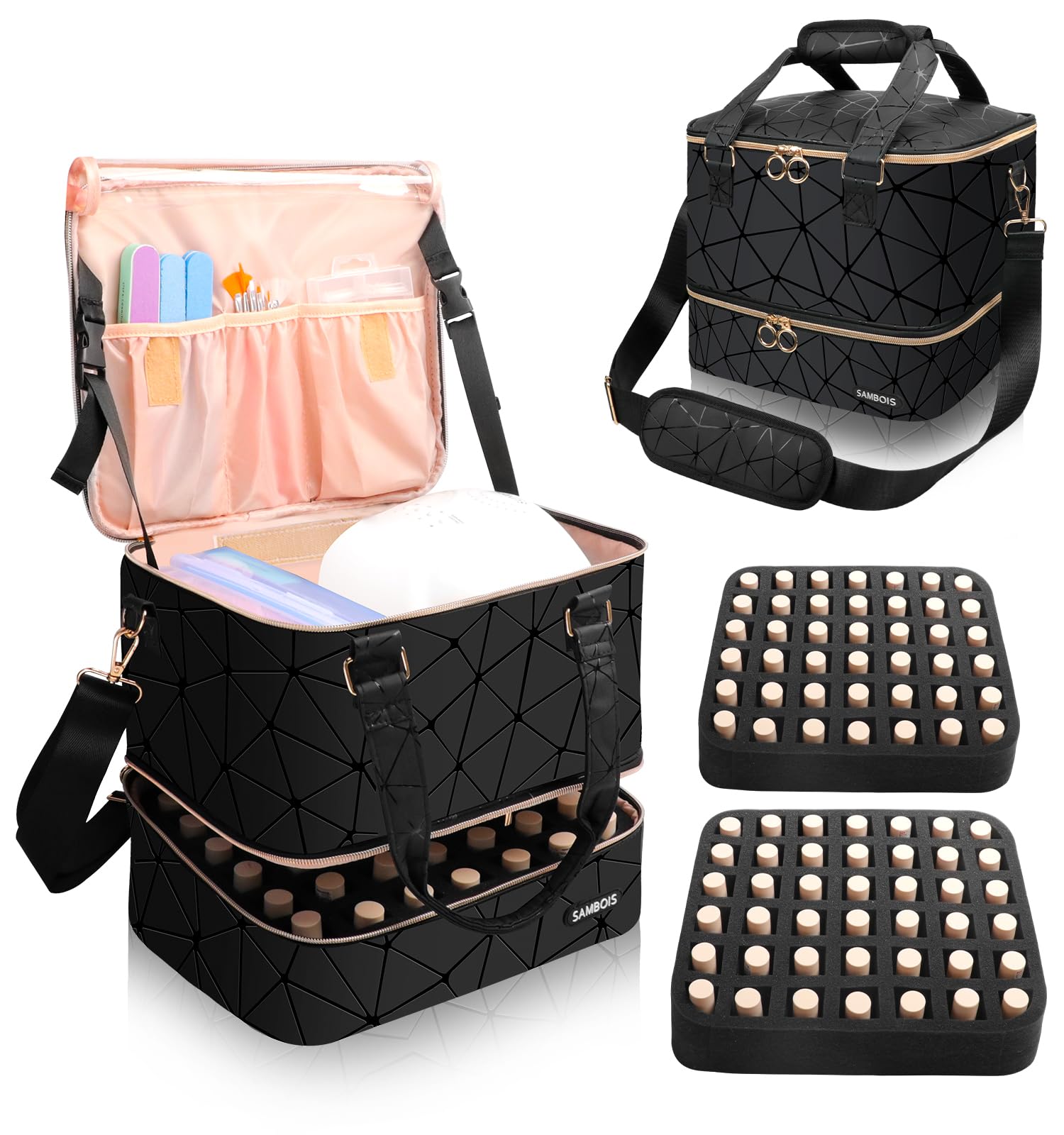 Sambois nail polish organizer bag shows 84-bottle capacity for on-the-go storage.
