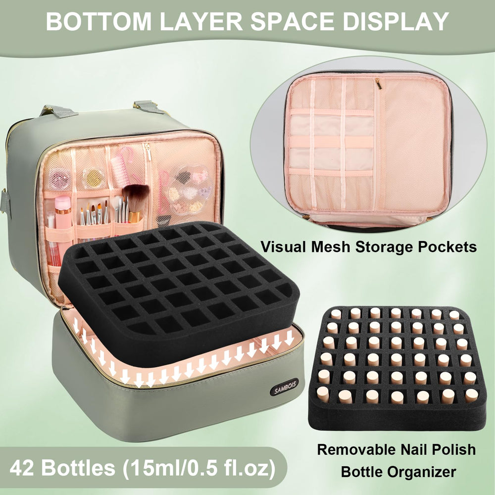 Sambois nail polish organizer bag bottom space mesh pocket secures smaller bottles during travel