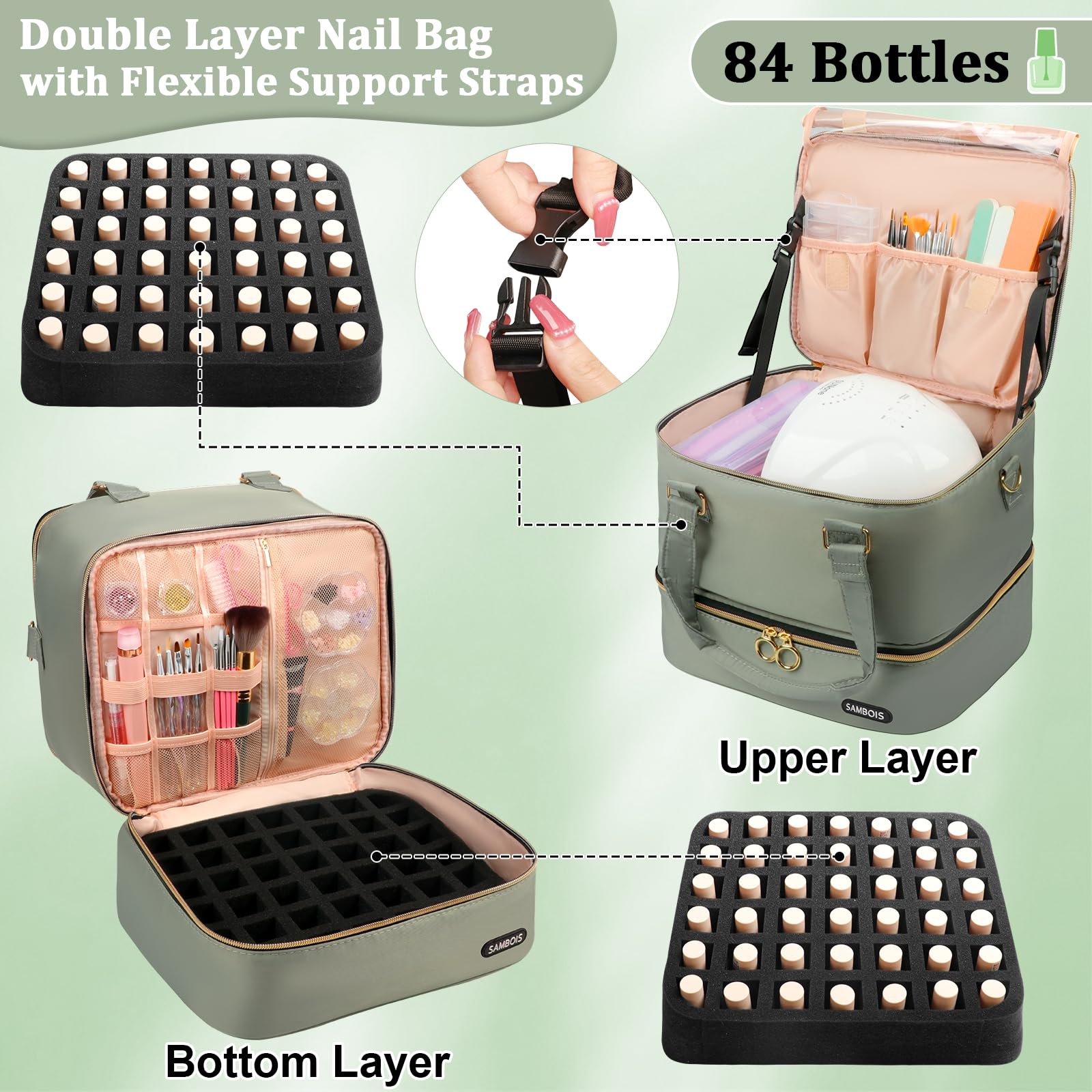 Sambois nail polish organizer bag inside layout shows dual-layer capacity for many bottles