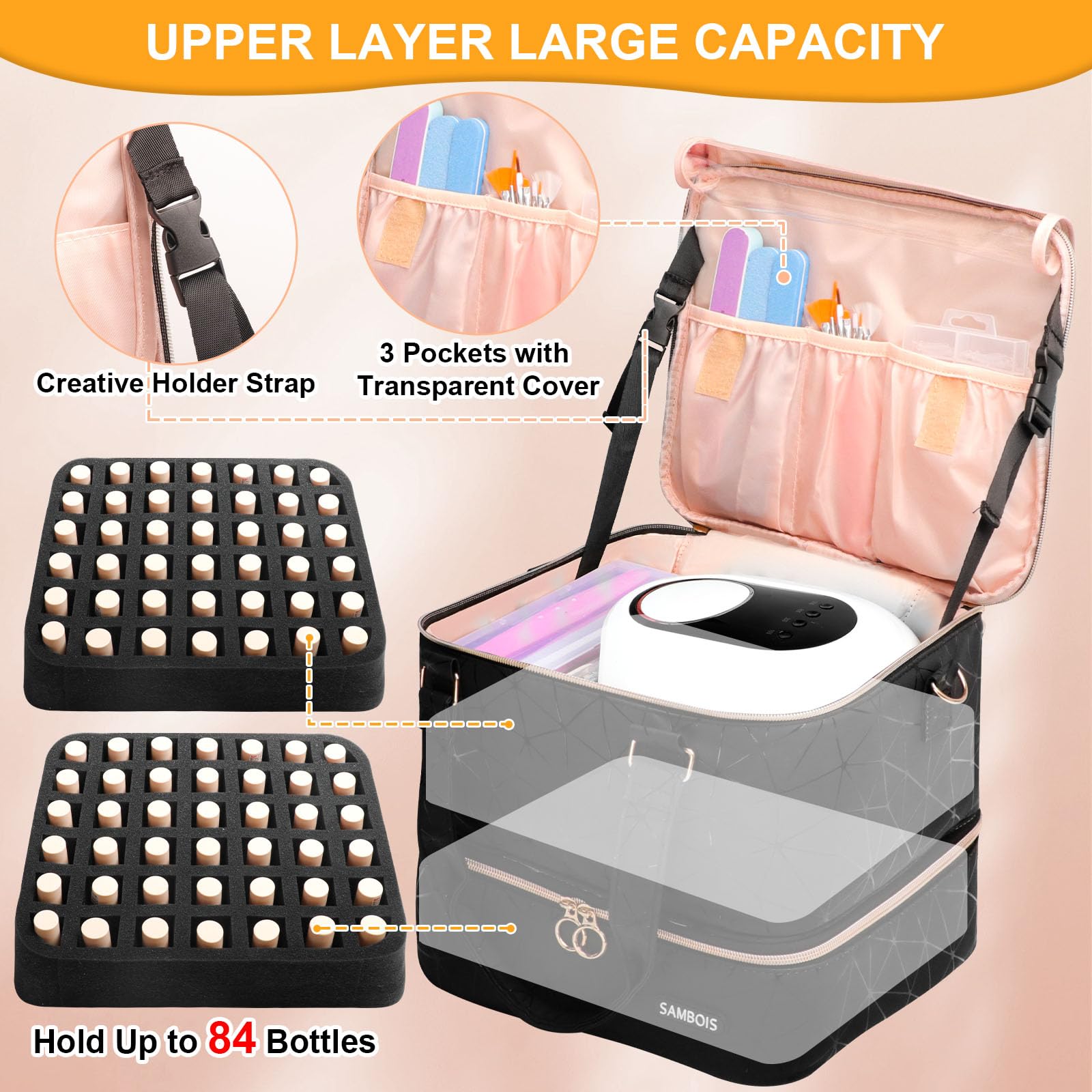 Sambois removable sponge organizer holds up to 42 bottles for flexible layouts.