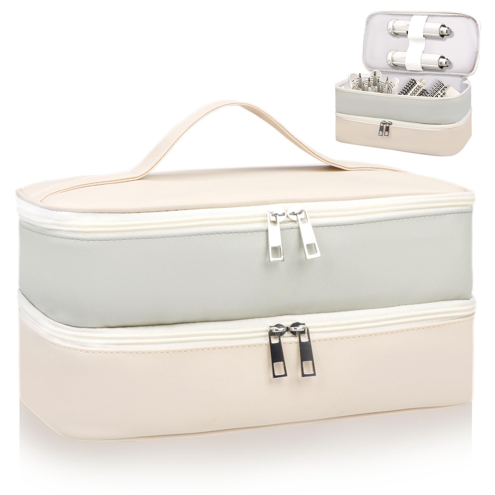 Sambois travel case outer view with gray and white PU leather for durable travel storage.