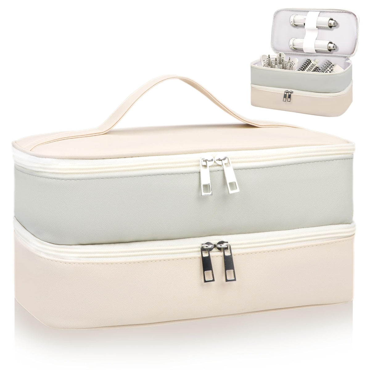 Sambois travel case outer view with gray and white PU leather for durable travel storage.