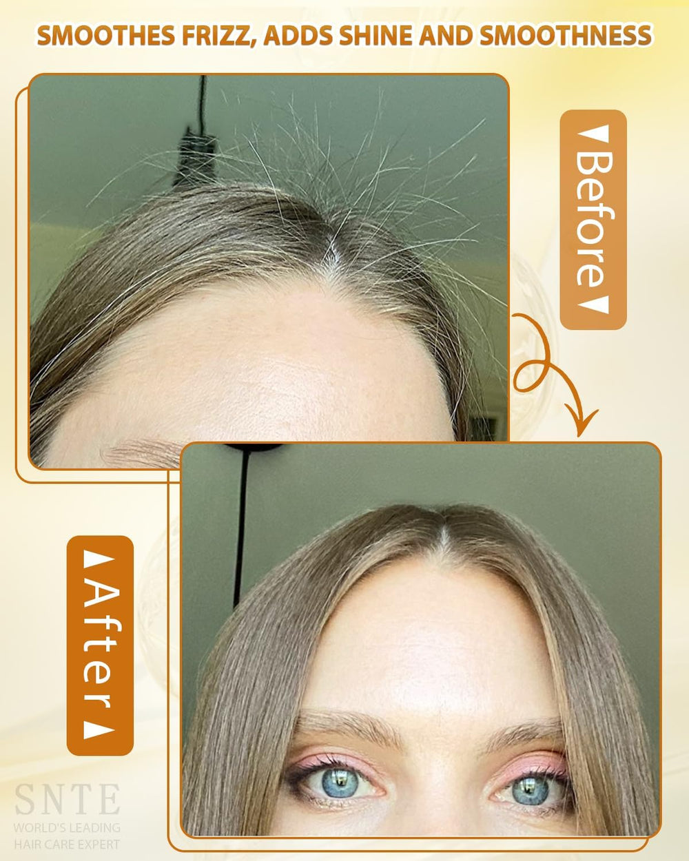 Samnyte before-and-after flyaways image showing polished, frizz-free results