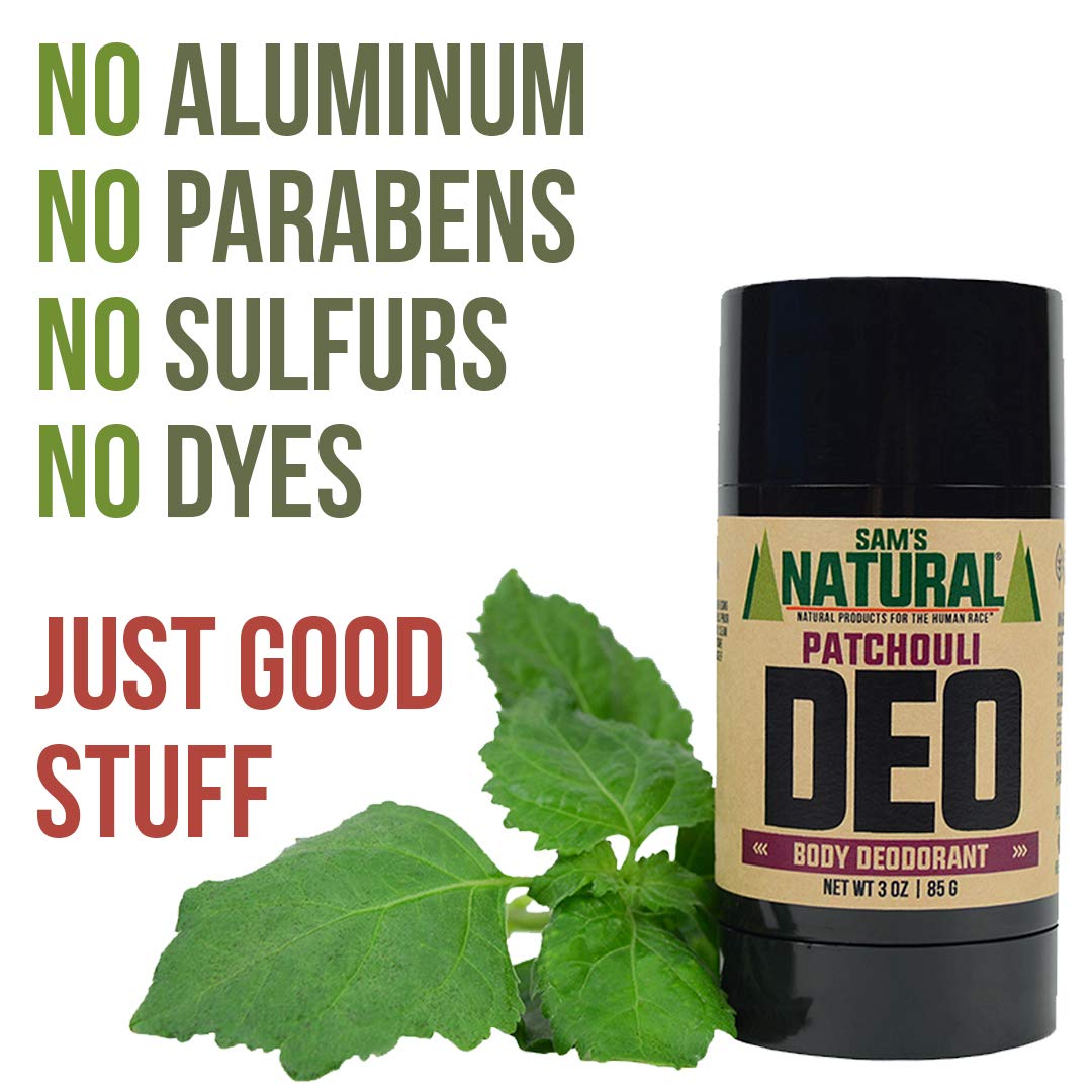 Sam’s Natural deodorant ingredients vegan cruelty-free badge on clean packaging