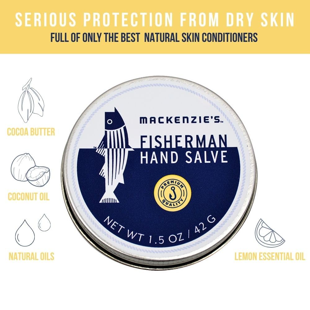 Sam's Natural MacKenzie's Fisherman Hand Salve being applied to hands after fishing.