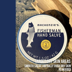 Sam's Natural MacKenzie's Fisherman Hand Salve ingredients list featuring coconut and cocoa butter.