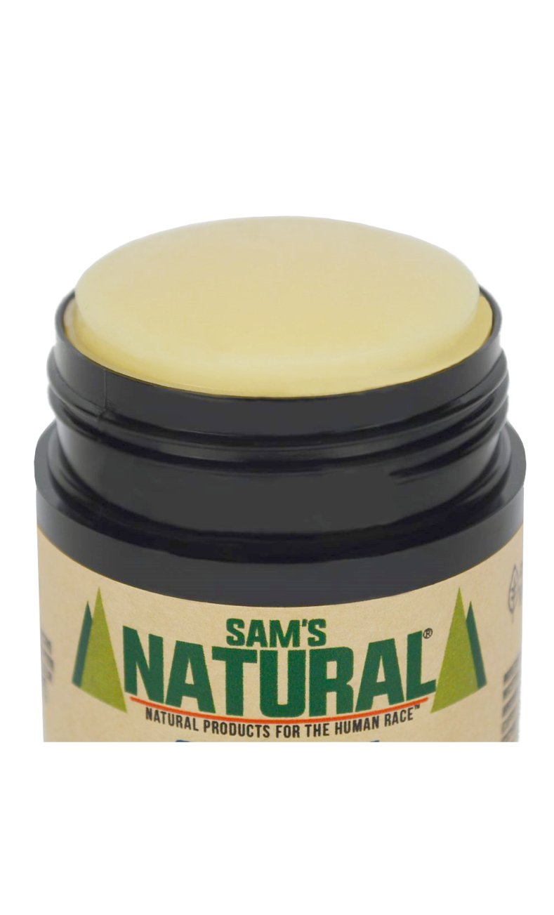 Sam’s Natural Patchouli deodorant application swipes showing easy 1-2 swipe use