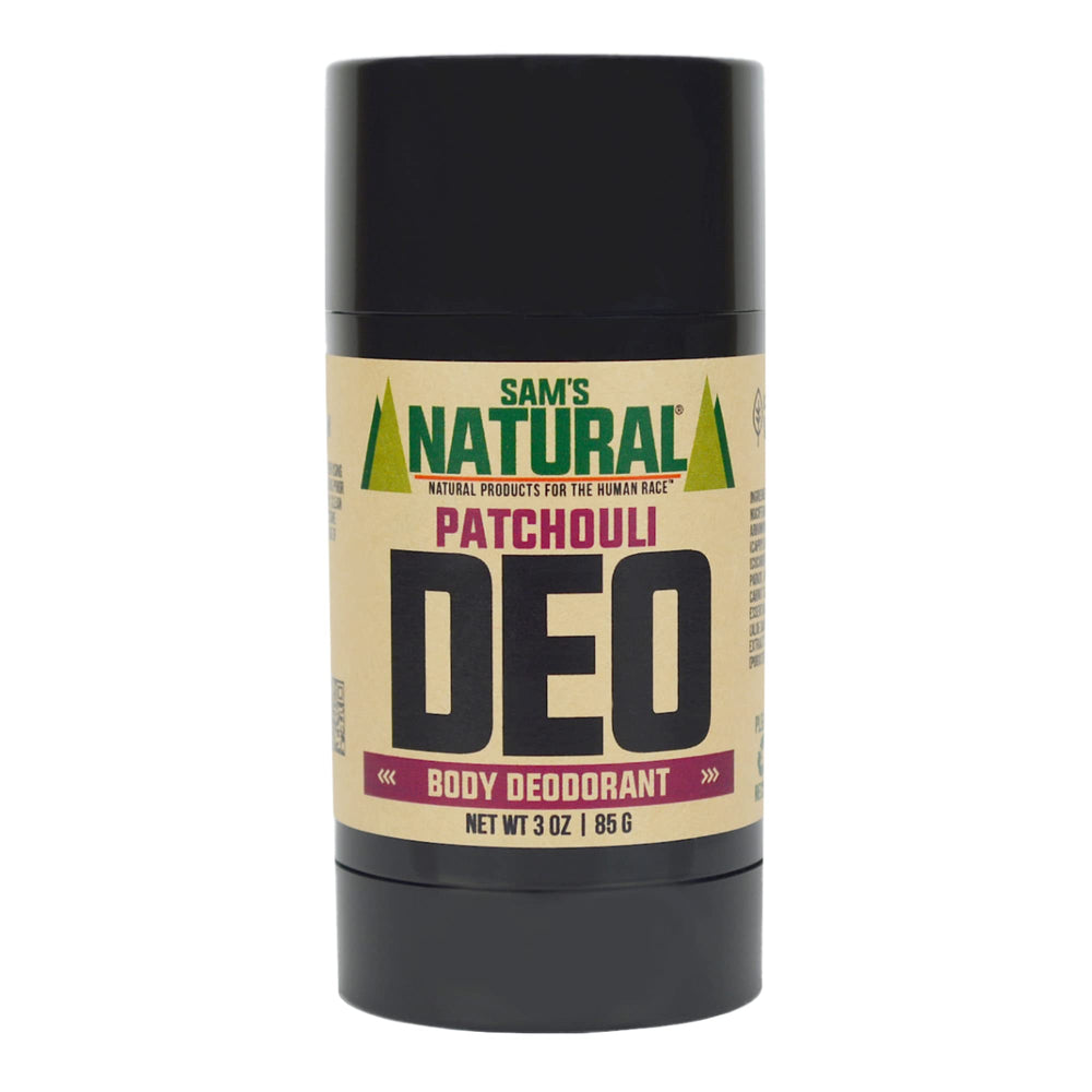 Sam’s Natural Patchouli deodorant bottle ready for everyday wear and all-day freshness