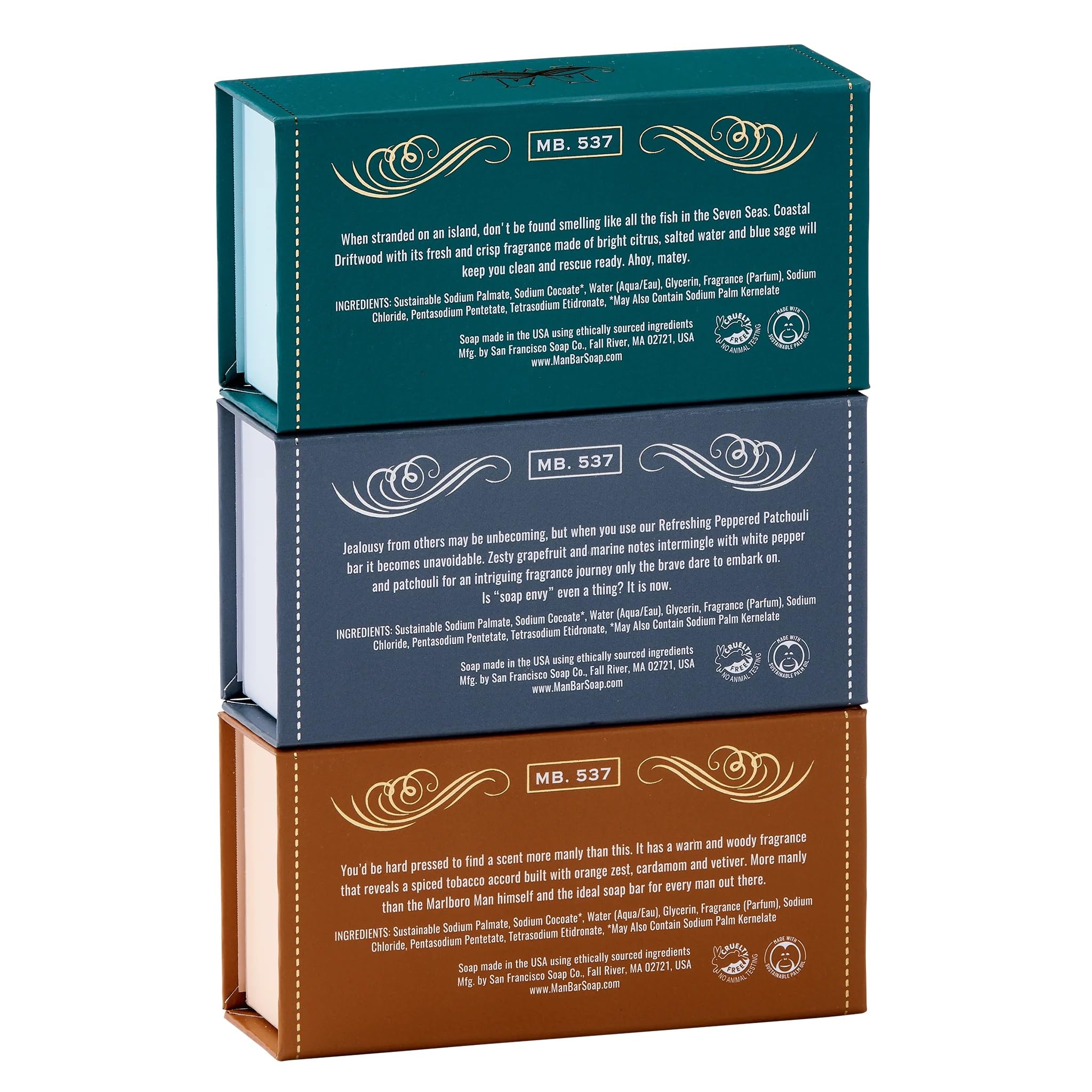 San Francisco Soap Company Man Bar Peppered Patchouli closeup, earthy spice vibe