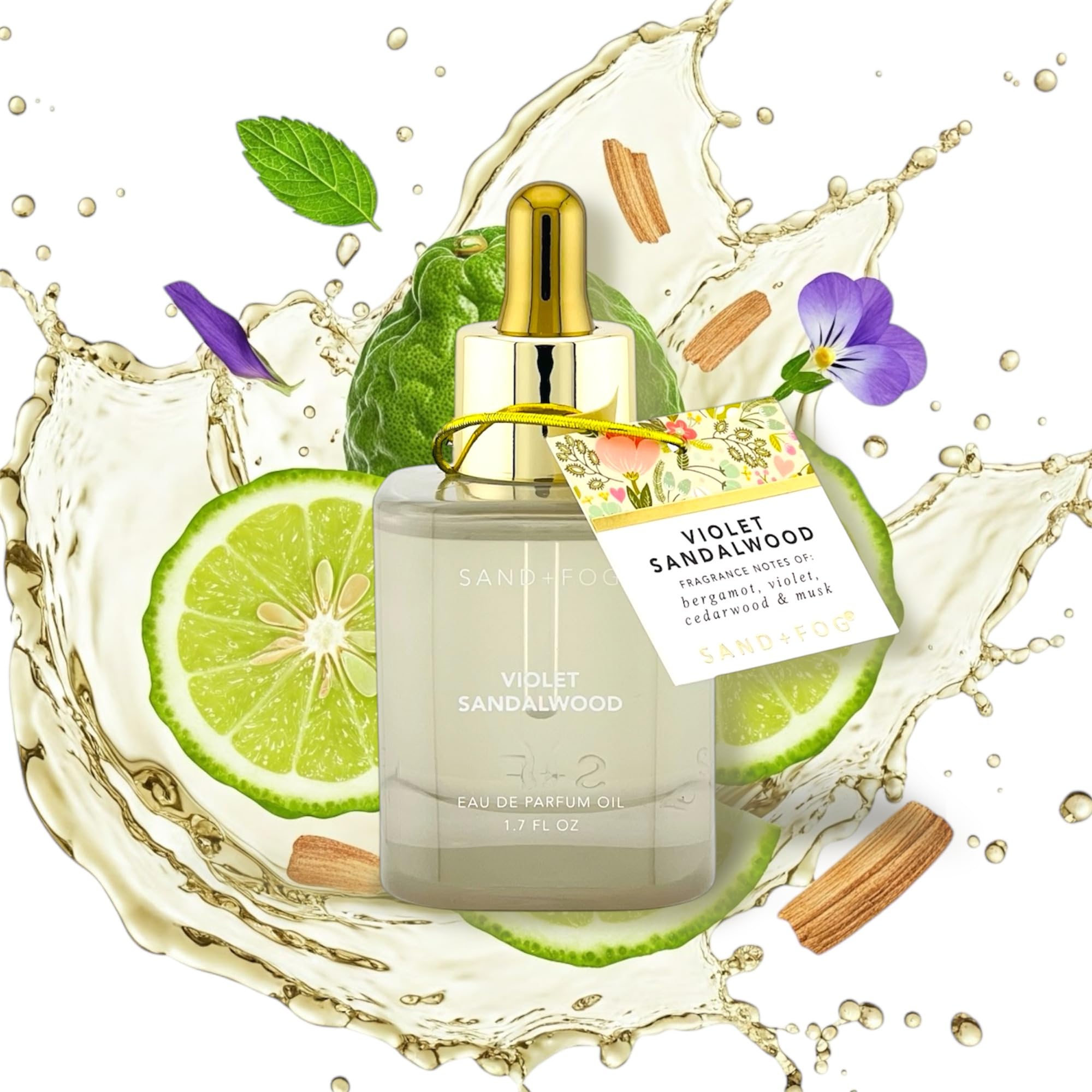 Sand and Fog Violet Sandalwood dropper-cap enables precise fragrance application.