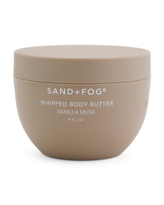 Sand + Fog whipped body butter vanilla musk jar delivering deep hydration for silky skin.
