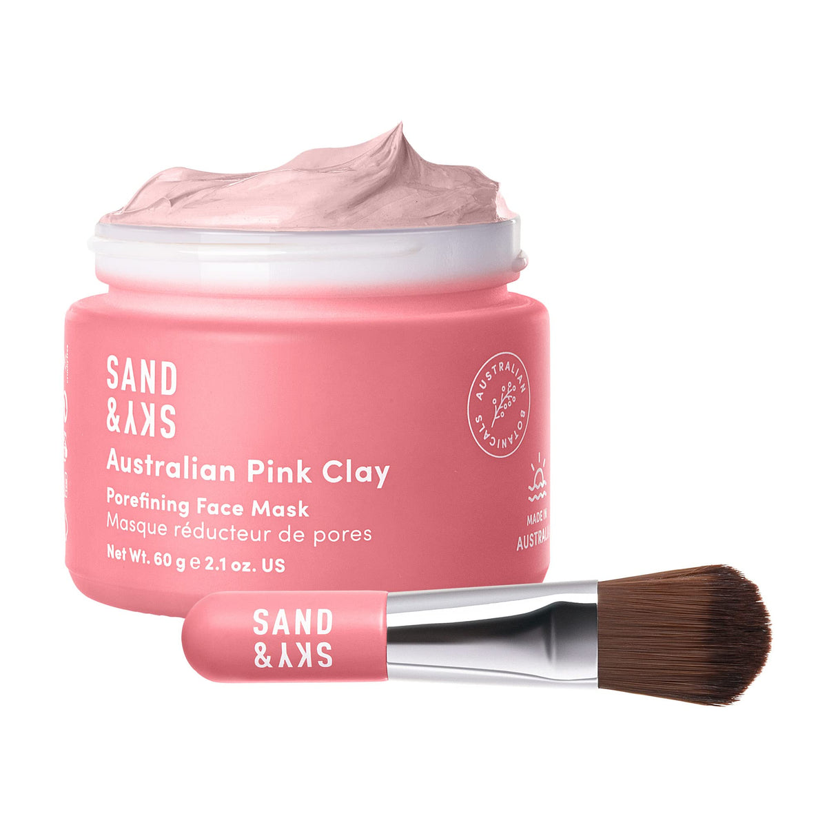 Sand & Sky pink clay mask jar closeup showing detoxifying pore-clearing action