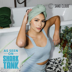 Sand Cloud Hair Towel Wrap Sage wrapped hair demonstrates easy wrap and frizz-free drying