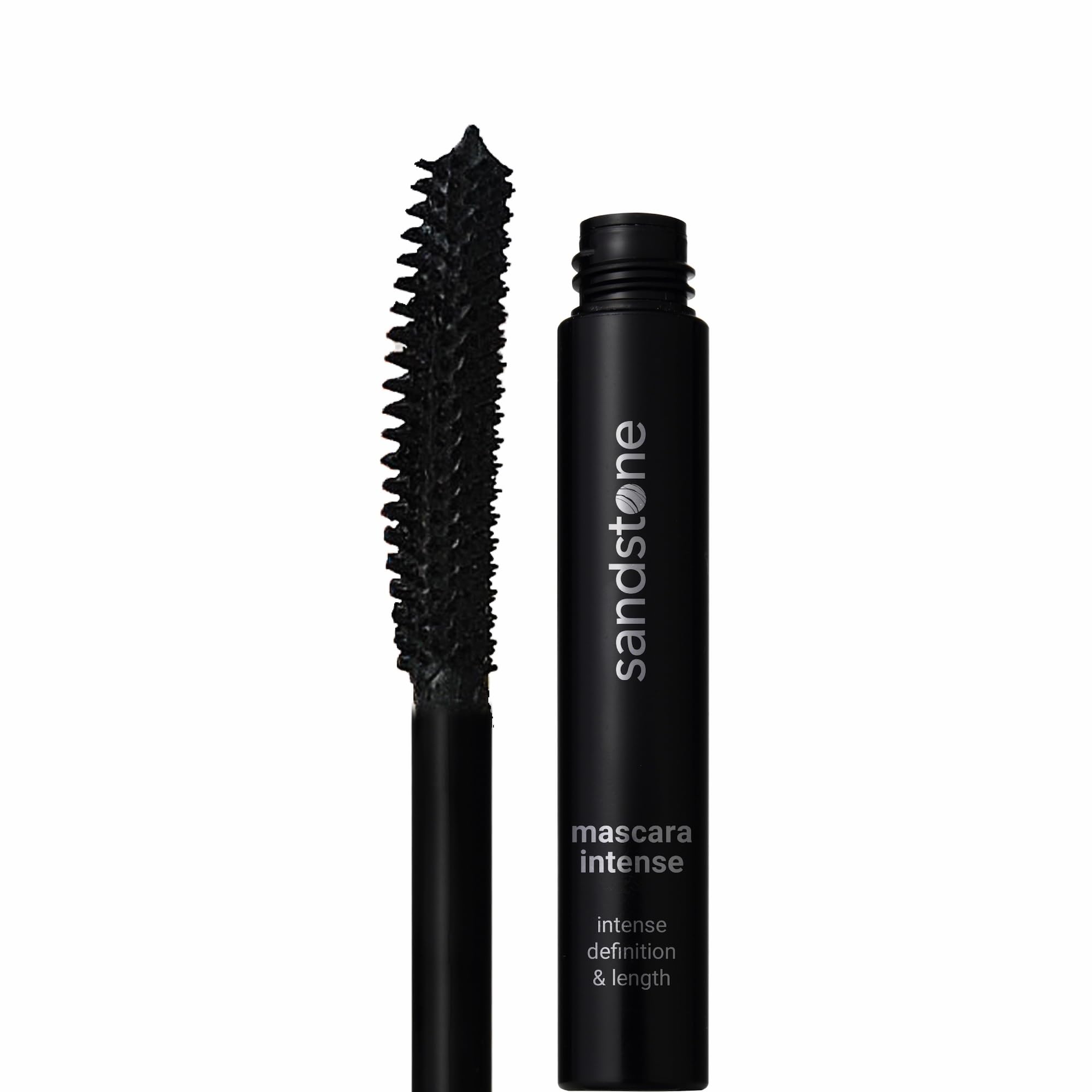 Sandstone Scandinavia hypoallergenic mascara tube showing gentle, long wear for sensitive eyes.