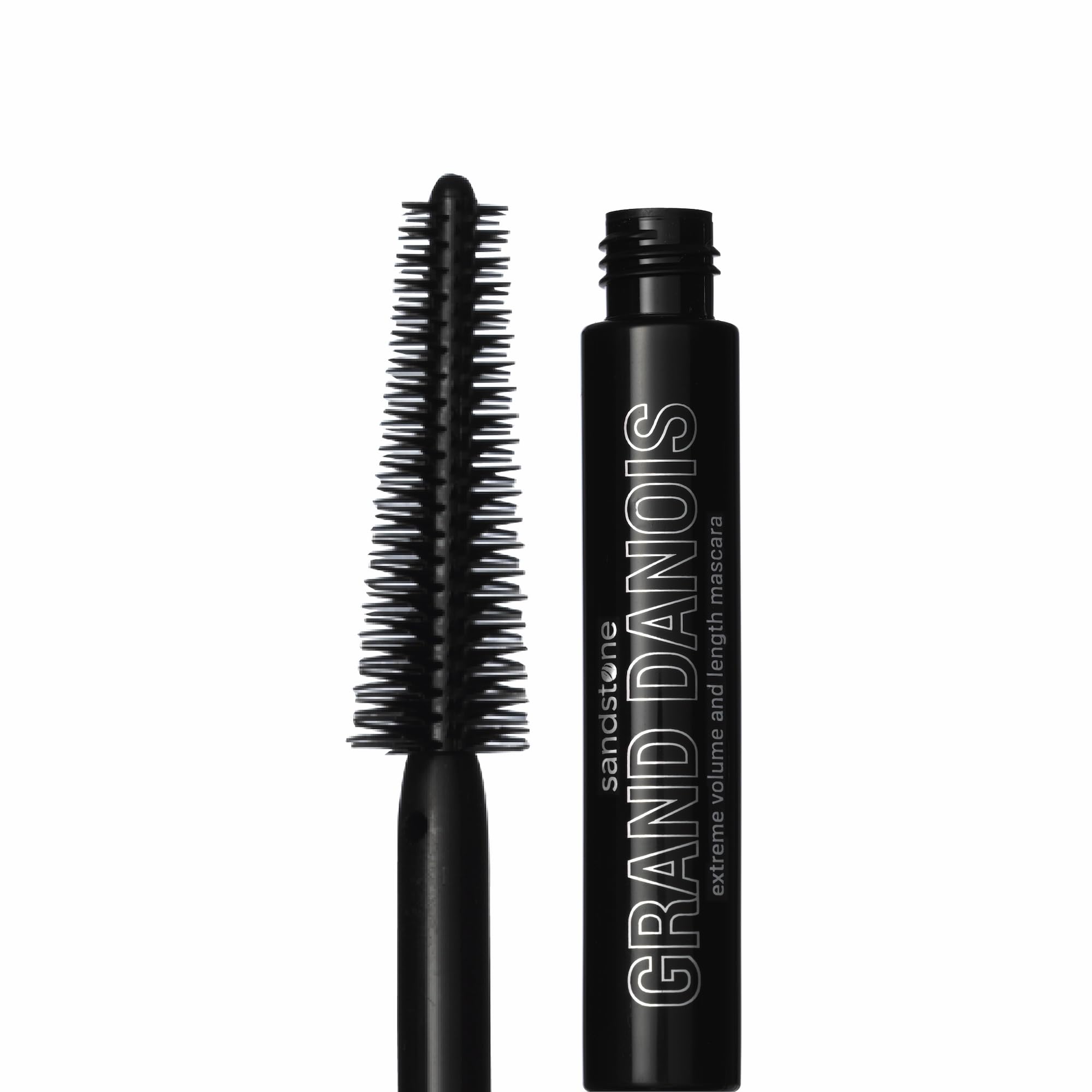 Sandstone Scandinavia hypoallergenic mascara wand closeup shows precise bristles for sensitive eyes.