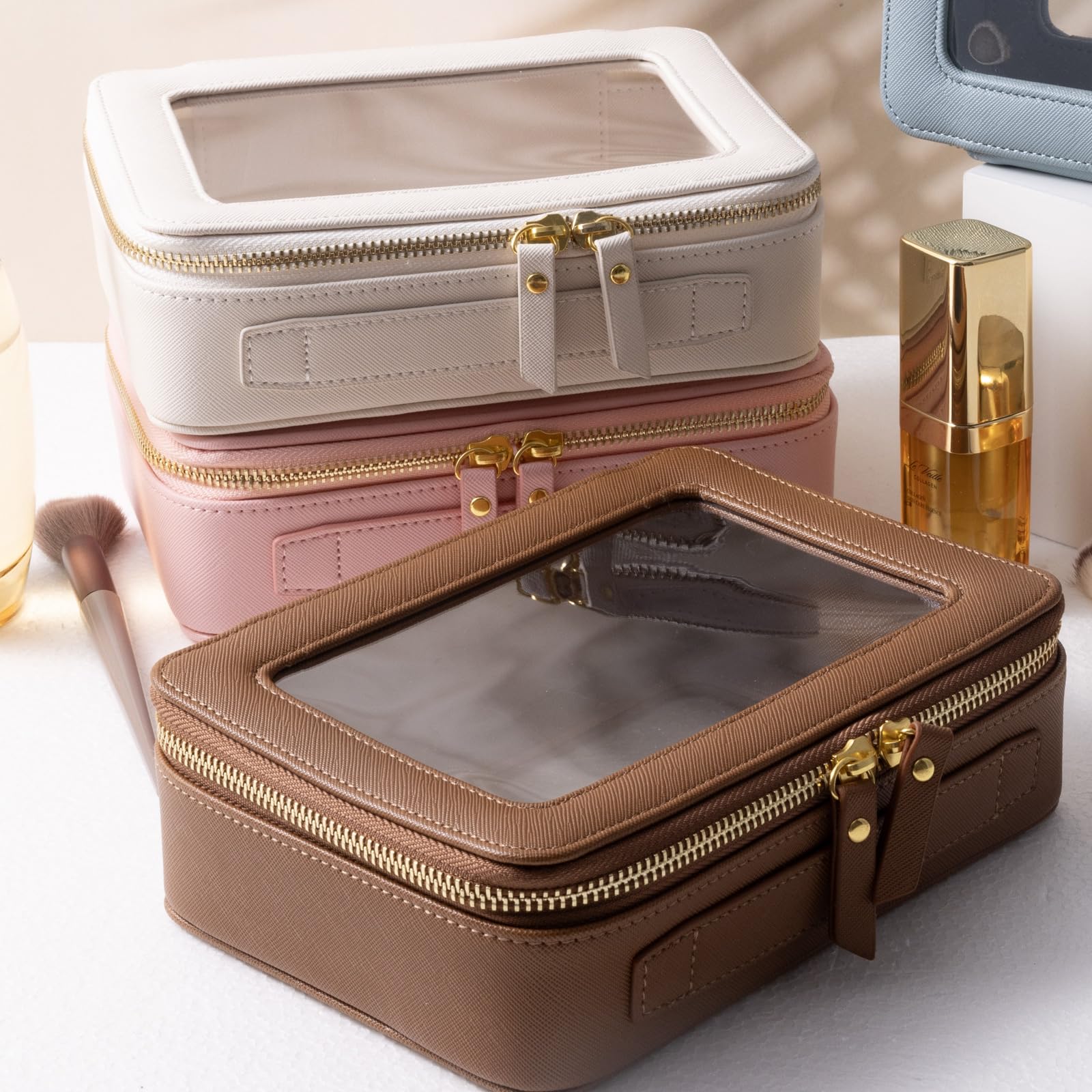 SANHECUN toiletry bag shows PVC material and durable construction in white.