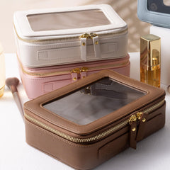 SANHECUN toiletry bag shows PVC material and durable construction in white.